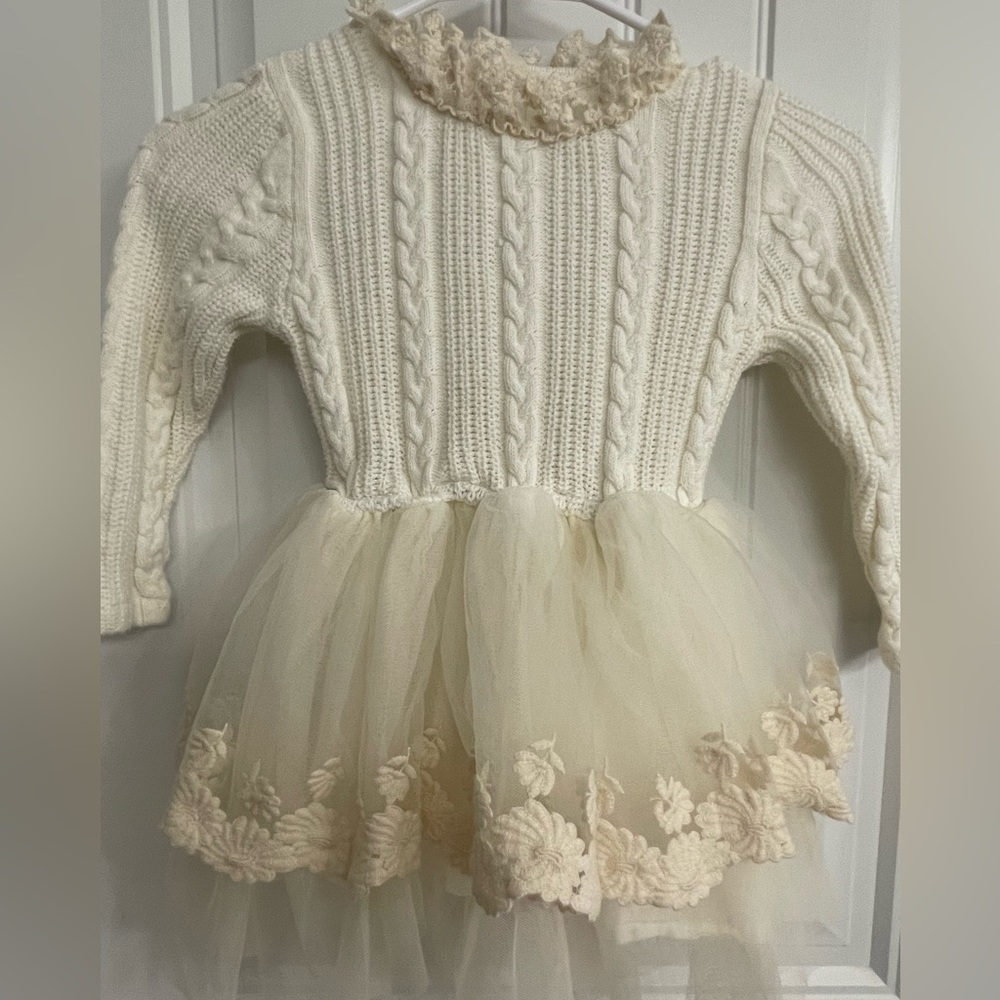 Elegant Cream Knit Tulle Dress for Kids